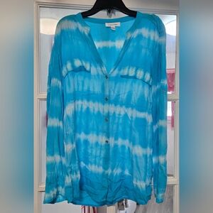 Calvin Klein Womens V Neck Roll Tab Sleeve Top Shirt Size Small Blue Tie Dye